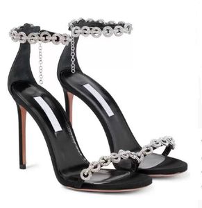 Moda nowe buty sezonowe Aquazzuras Love Link Crystal-Crystal-Embelled Sandals Chain Wedding Party Black
