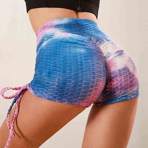 Jacquard tie-tintura yoga shorts fitness para mulheres pêssego quadril cintura alta montante lifting cordão treino ginásio canegas y220417