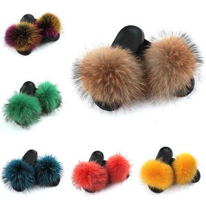 Slippers Women Fur Slides Fluffy Real ry Raccoon Sandals Woman Cute Rainbow Ladies Home Flat Shoes 220708