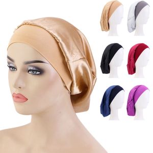 Women Sleeping Night Caps Satin Solid Color Stretch Bonnets Hair Care Hat Beauty Shower Elastic Wide Band Turban Chemo Accessory