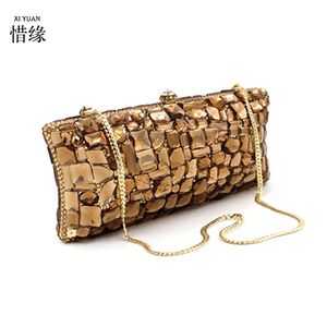 XIYUAN BRAND Gold Crystal glass diamond Shoulder Bag Evening Box Clutch Handbag Purses Women Party Bridal Wedding Metal Clutches 220413