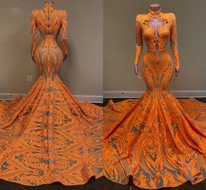 Długi rękaw Wysokiej szyi Arabski Prom Dresses 2022 Sexy Mermaid Style Orange Cekiny Aplikacja Afryki BlaCl Girls Evening Gala Suknie