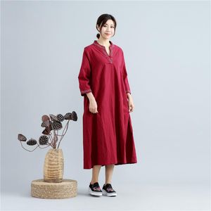 Ethnic Clothing National Style Women's Dress Cotton And Linen Chinese Embroidered V-neck Casual Loose Long Skirt Zen Robe LiteraryEthnic