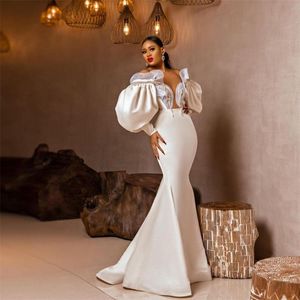 2022 Elegante weiße Meerjungfrau Abendkleider Fpr Arabische Frauen Perlen Puffy Long Sleeves Bodenlangen Party Pageant Prom Kleid Robe De Soriee