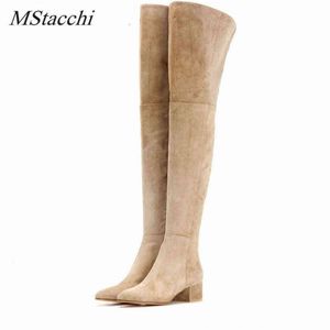 Herbst Winter Frauen Overknee Stiefel Runde Kappe Mid-ferse Faux Seite Zipper Plüsch Botas Mujer Classics Wildleder Oberschenkel hohe 220729