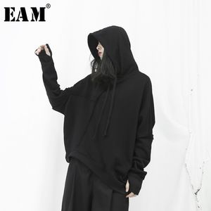 EAM LOOST FIT Black Asymmetrical Overdized Sweatshirt Hooded Long Sleeve Women Big Size Fashion Spring Autumn 19AA57 201202