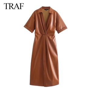 TRAF ZA Elegant Dresses For Women Pu Leather Female Dress Turndown Collar Short Sleeve Vintage Side Zipper Dresses Mujer 220527