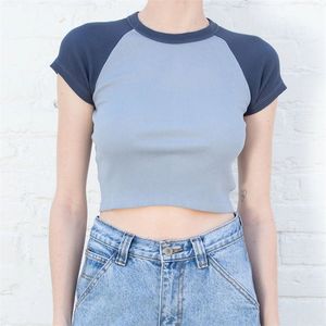 ファッションパッチワーククロップトップ女性サマーストリートショートウェアセクシーなスリムTシャツトップ女性シンプルなカジュアルコットンTシャツ220628