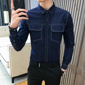 Camisas casuais masculinas coreanas fit slim fit jeans jeans polka dot moda social elegante manga longa preto bluemen's