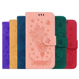 Plånbokstelefonfodral för iPhone 13 12 11 Pro Max XR XS X 7 8 Plus - Butterfly Rose prägling PU -läder Dual Card Slots Flip Kickstand Cover Case