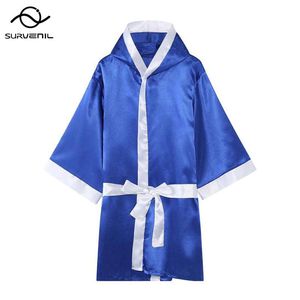 Tute da uomo Abito da boxe con cappuccio Uomo Donna Costume da pugile Concorso Uniforme da allenamento Manica lunga Nero Blu Rosso Abito da kickboxing Bianco