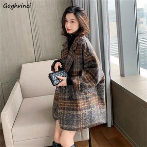 Wool Blends Women Winter Plaid Notched Korean Style Loose All match Double breasted Vintage Ins Fashion Womens Outwear Chic New LJ201106