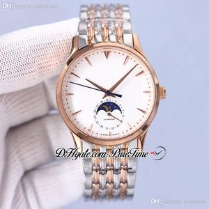 Master Ultra Thin 1368420 Moon Phase Automatic Mens Watch Two Tone Rose Gold White Dial Silver Stick Markers Stainless Steel Bracelet Watches 2022 Puretime JL-Y10i9