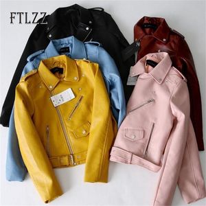Women faux leather jacket fashion slim with belt turndown collar leather coat autumn ladies yellow biker moto PU outerwear 220815