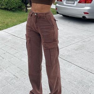Rockmore Kahverengi Vintage Baggy Kot Kadın 90 S Streetwear Cepler Geniş Bacak Kargo Pantolon Düşük Bel Düz Denim Pantolon 220402