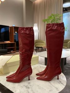 2022 new style sheepskin leather Knee Boots Knight booties Casual party Dress shoes 5CM Med heels Pleated pillage Toes pionted Elastic tension zipper zip size 34-43