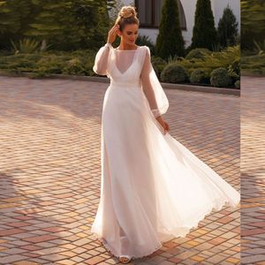 Abiti da sposa sexy a-line Manica lunga Backless Hollow Lace Appliqued Sweep Lunghezza pavimento Collo alto Scollo a V Elegante pizzo tulle Taglie forti Abiti da sposa Boho Taglie forti