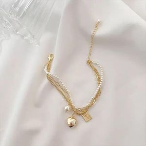 Link Chain Multi Layer Pearl Heart Folded Armband For Woman Korean Fashion Women Jewelry Party Girls Elegant Wrist Accessories Fawn22