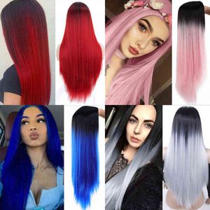 Peruca de cosplay sintética Longa parte reta do meio cabelo loiro rosa preto resistente a fibras resistentes a mulheres 220622