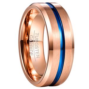 Nuncad 8 mm szerokość tamfki węglikowej Pierścień Pełne różowe złoto + niebieski groove kąt ślubny Tungsten Steel Pierścień męski Ring 220506