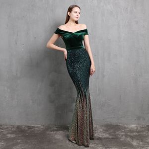Elegant Mermaid Velvet aftonklänning 2022 från axelfärgad paljett Långa balklänningar plus storlek Formell glittrande kvinnlig festklänning Vestidos de Fiesta