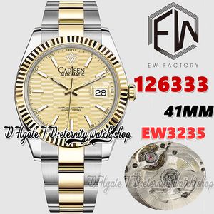 EWF V3 EW126333 EW3235 Automatisk herrklocka räfflad Bezel Pit Pattern Gold Stick Markers Two Tone 904L Steel Armband med samma seriella garantikort Evighetsklockor