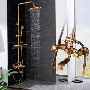 Antique Brass Shower Faucets Set 8'' Rainfall Shower Commodity Shelf Dual Handle Mixer Tap Swivel Tub Spout Bath Shower