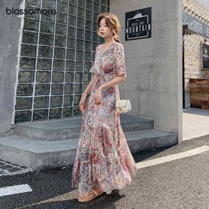 Blossomora Bohemian Floral Print Dress longo V Vestidos de chiffon maxi vestido de chiffon maxi de pescoço para mulheres 2022 G220510