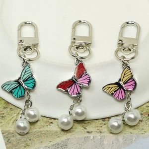Colorful Imitation Pearl Butterfly Pendant Keychain Insects Car Key Chain Women Bag Charms Accessories Jewelry Gifts