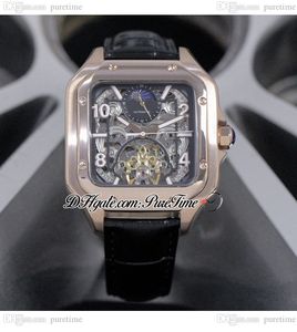 XL 100 A23J Automatyczna faza księżycowa Tourbillon męskie zegarek Rose Gold Black Black Wewnętrzne szkieletowe sztyfcie markery skórzane paski zegarki Puretime F10b2