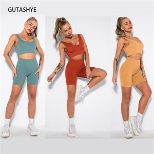 GUTASHYE Yoga Set Women Crop Top Shorts Seamless Leggings Gym Clothing Running Fiess Sport Athletic Workout Clothes for 220330