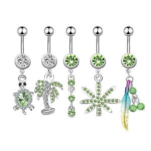 Set of 5Pcs Dangle Tortoise Belly Button Ring 14G Women Body Piercing Jewelry Kit Coconumt Tree Charm Navel Barbell Rings