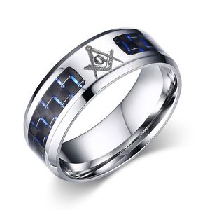 High quality stainless steel ring freemaoson masonic free mason emblems Masonic symbol religious Punk Blue black carbon fiber man's jewelry customizable figure