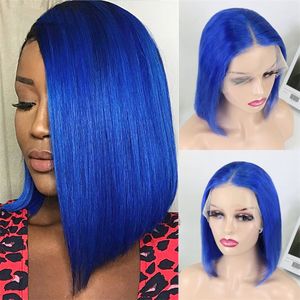 Ombre Blue Colored With Human Hair Wigs 13x4 Lace Frontal Wig Short Straight Bob Wig In High Quality