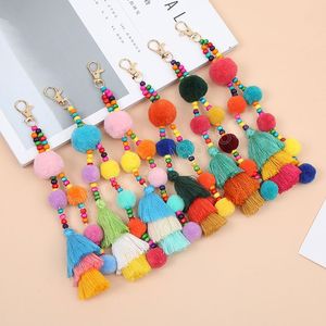 Ręcznie robione Pom Pom Kolorowe 4 Warstwowe Tassel Brelok Bag Charms Gradient Colors Key Holder Boho Biżuteria Prezent dla kobiet