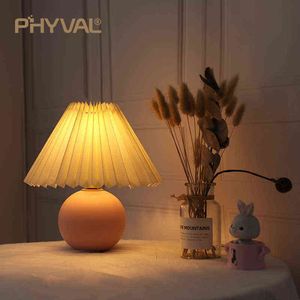 PHYVAL Korean Pleated Table Lamp Ceramicrattan Table Lamp For Living Room Home Decoration Tricolor LED Bulb Vintage Bedside Lamp H220423