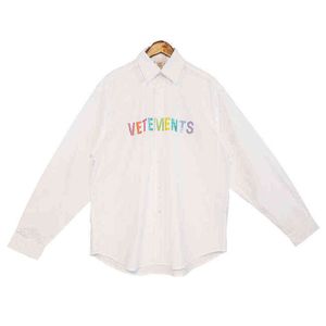 VETEMENTS Bronzing Printing Letters Blue Stripe Long Sleeve Shirt Men's and Women's Pointed Collar Oversize Loose Shirt 379