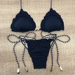 Sexy blauer Mikro-Badeanzug, Tanga, brasilianischer 2-teiliger Badeanzug für Frauen, Neckholder-String-Mini-Bikini 210319