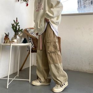 Calça de carga preta e folgada houzhou para homens calças de carga cáqui masculino machado vintage solto casual outono japonês hip hop 220706