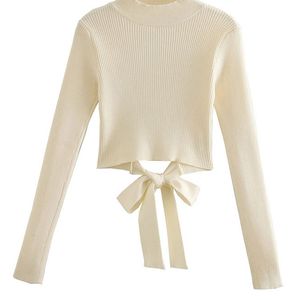 Traf Women Fashion z kokardą przycięty dzianinowy sweter vintage długi rękaw bez pleców pullover eleganckie topy 220812