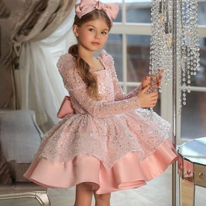 Kwiat Dziewczyna Sukienki Wedding Party Dress Z Łuki Długim Rękawem First Communion Sukienka Princess Tulle Suknia Balowa Cekinowane Boże Narodzenie Suknie