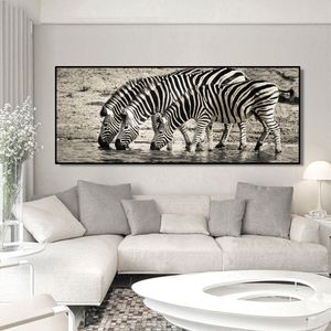 Modern Animals Art Posters and Prints Wall Art Canvas Painting Zebra Drinking Water Pictures for Living Room Home Decor No Frame