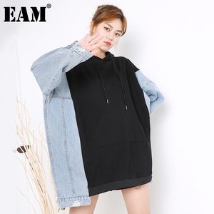 EAM Löst fit svart denim Lång överdimensionerad tröja Huva långärmad kvinnor Big Size Fashion Spring Autumn 1DA88201 201202