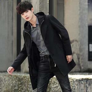 Мужские траншеи Coats Casual осень средней длины ветрящика Длинное пальто 2022 Корейский стиль с капюшоном с капсты