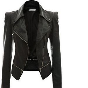 Sonbahar Kadınlar Sahte Deri Ceket Gotik Siyah Moto Ceket Fermuarlar Uzun Kollu Goth Dişi PU Sahte Deri Ceketler T200319
