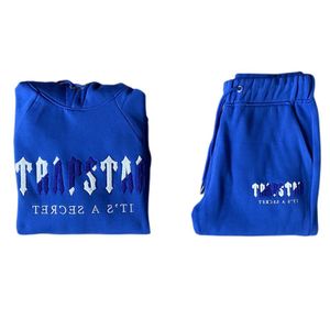 Trapstar Man Set Chenille avkodad Hooded Tracksuit Bright Dazzling Blue White 100% toppkvalitet broderad kvinnlig kostymstorlek XS-XXL