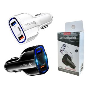 Carregadores de carro USB C LED de 3 portas Carregamento rápido Tipo-C QC3.0 PD 7A Adaptador de carregador para iphone 11 12 13 14 pro max Samsung Com pacote de caixa de varejo