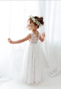 Flickans klänningar Bröllopsklänning för flickor Flower Tulle Communion spetsar en linjehylsa juvel ankel längd festklänning klänningar