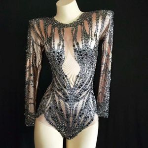 Stage Wear Sparkly Black Crystals Nude Bodysuit Women Performance Outfit Costume Party Celebrate Glisten Rhinestones Leotard WearStage