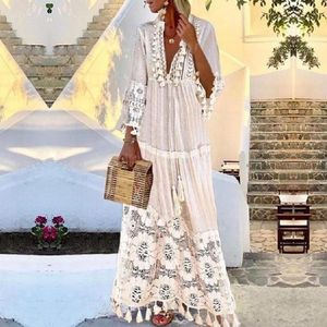 Vestidos Casuais Borla Sexy Boho Vestido Longo Feminino Outono Sólido Oco Decote em V Renda Estilo Boêmio Vestidos Tamanho Grande